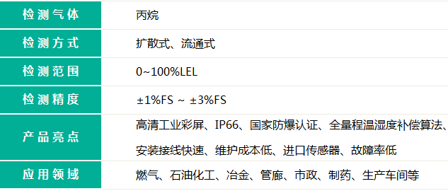 帶顯示款丙烷報警器的檢測氣體名稱和檢測氣體量程精度